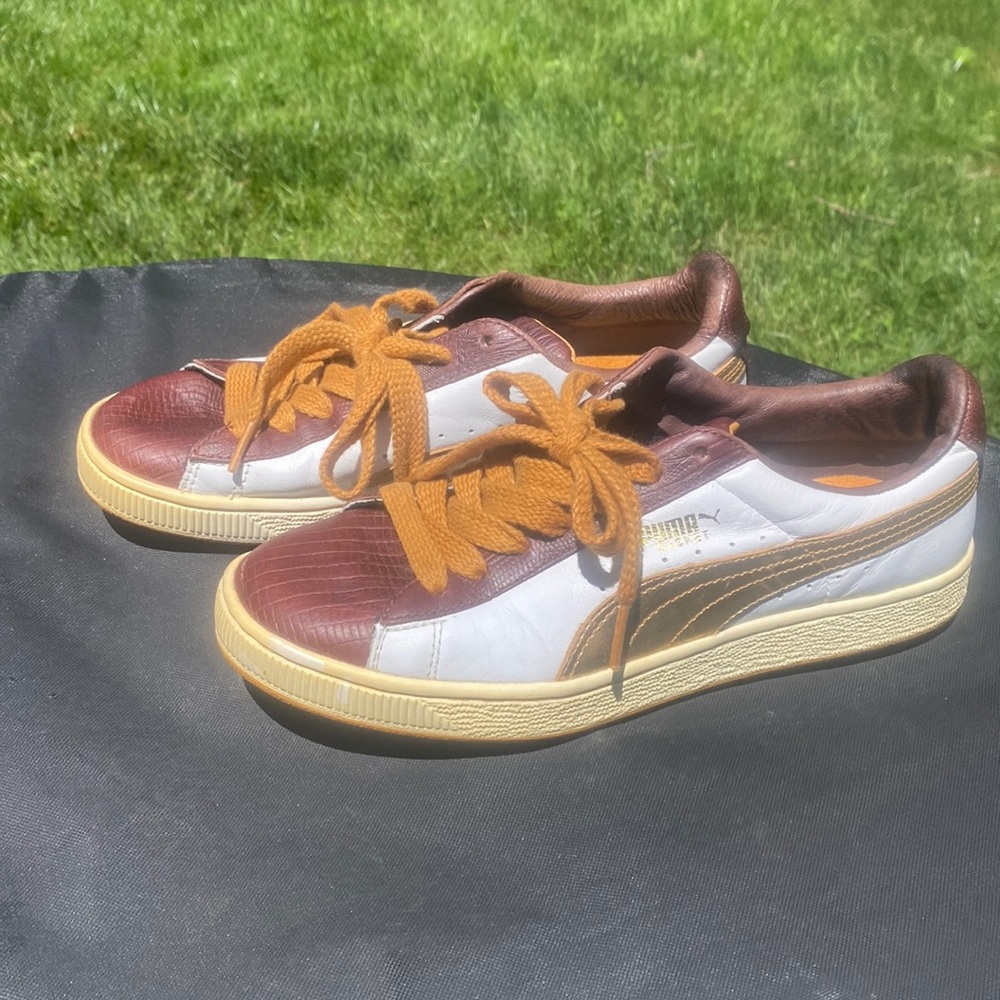 Vintage PUMA Basketball Sneakers Women’s 8.5 Retro Brown Cream Gold Leather